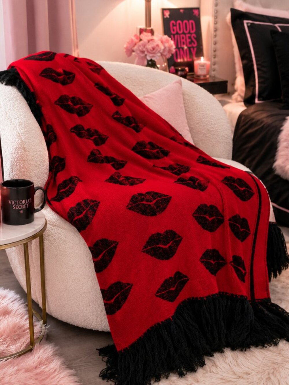 Victoria’s Secret Lip Print Throw Blanket | Red Black Fringe Cozy Plush Throw